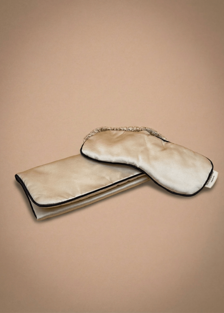 Champagne silk sleep mask and matching cover by Miaveriana