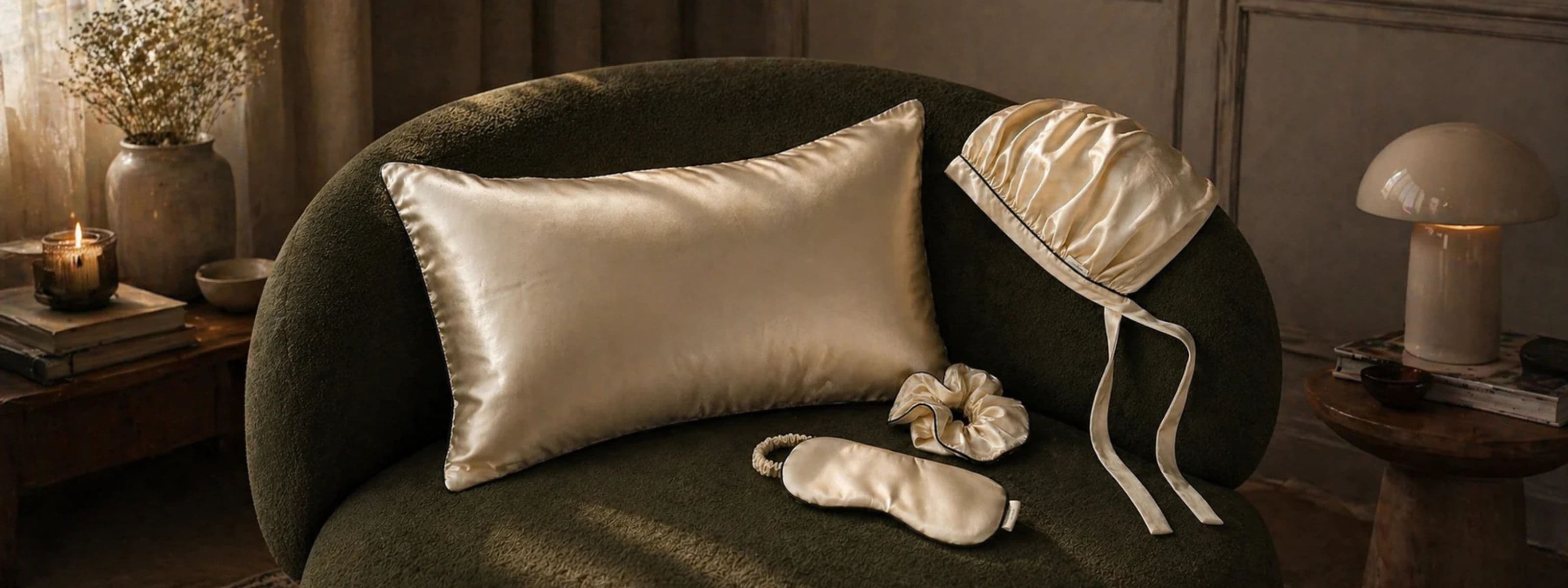 Miaveriana silk sleep essentials with silk pillowcase, hair bonnet, scrunchie and eye mask