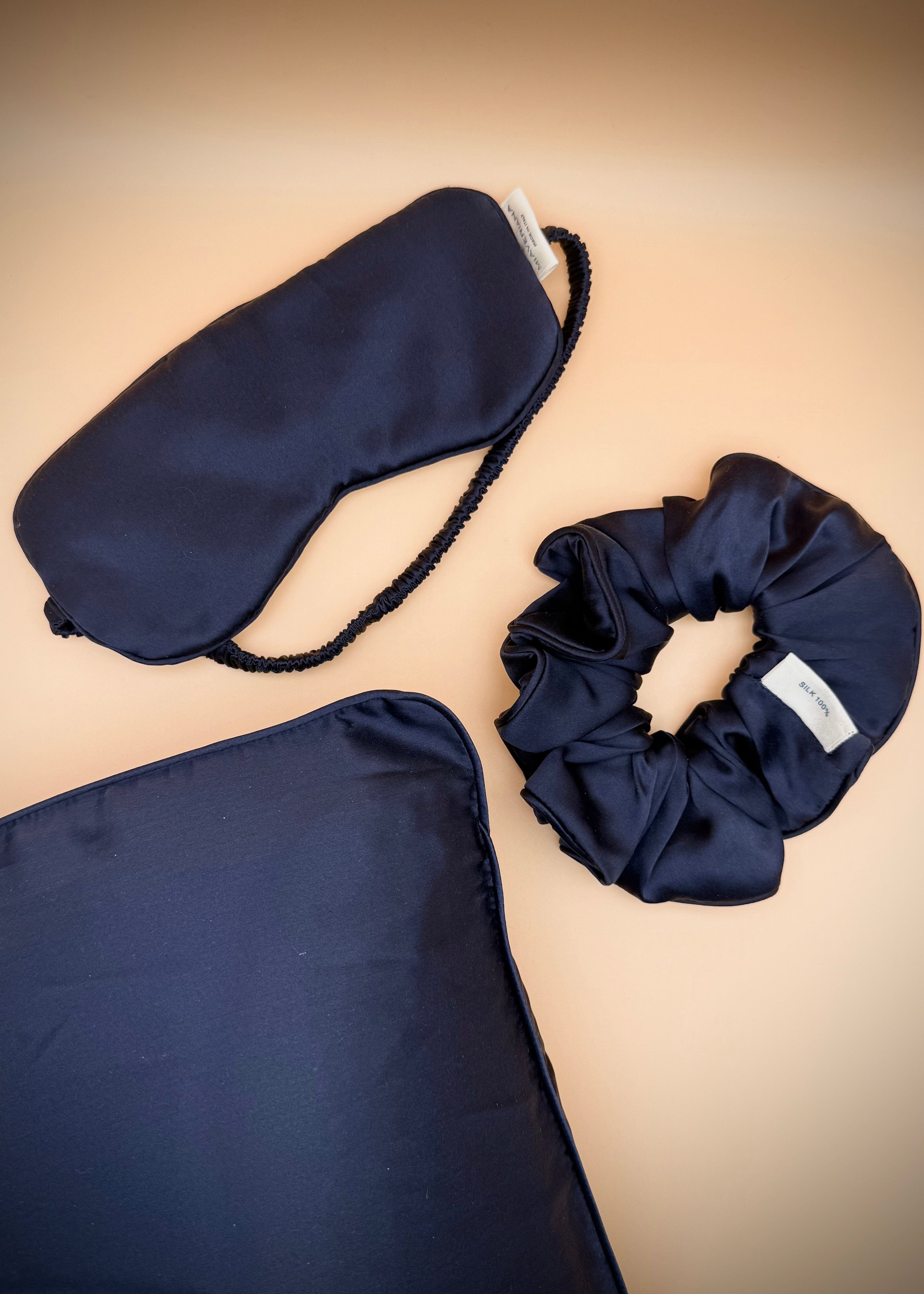 Midnight blue silk gift box with sleep essentials by Miaveriana