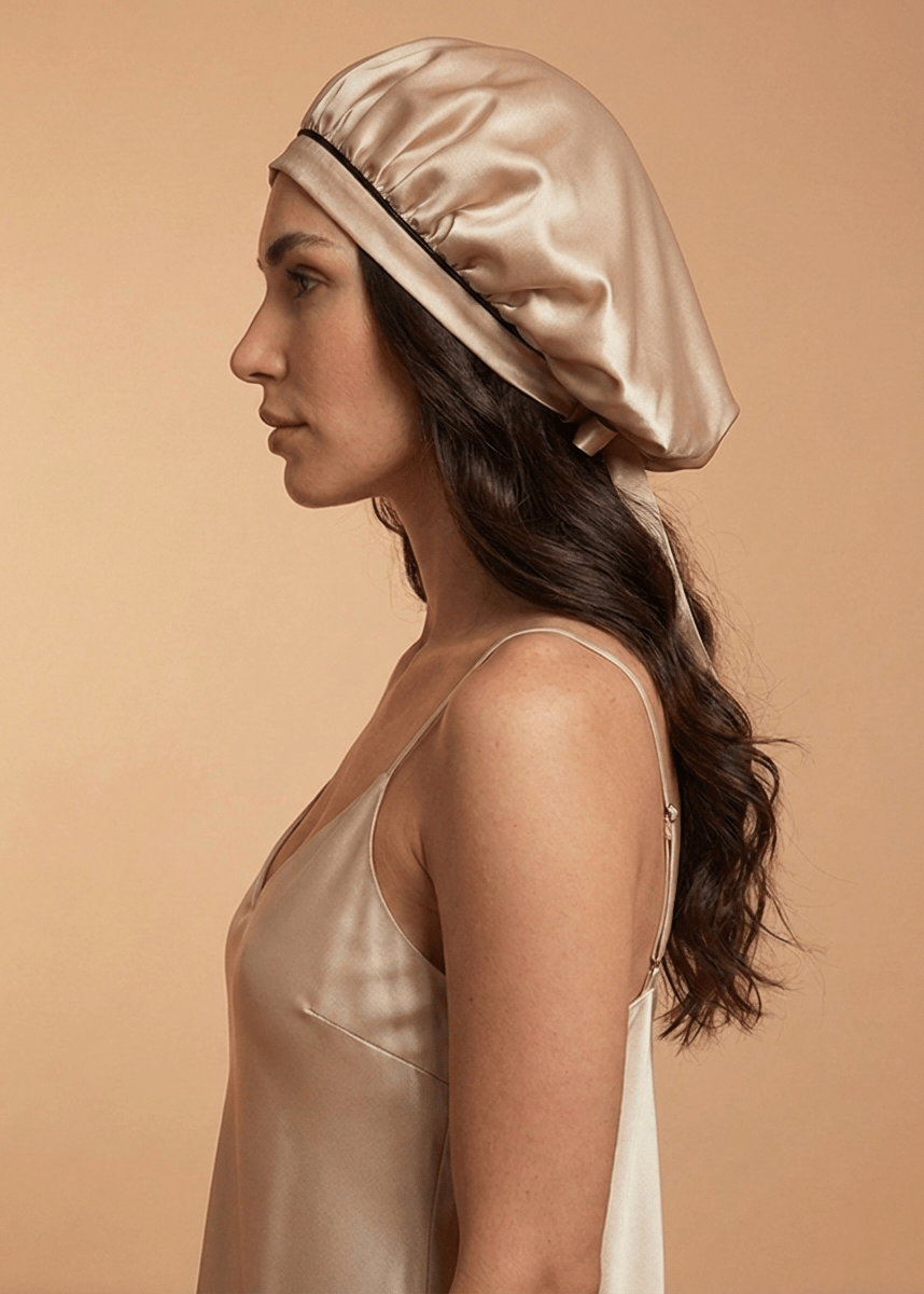 Champagne silk hair bonnet with midnight blue trim by Miaveriana