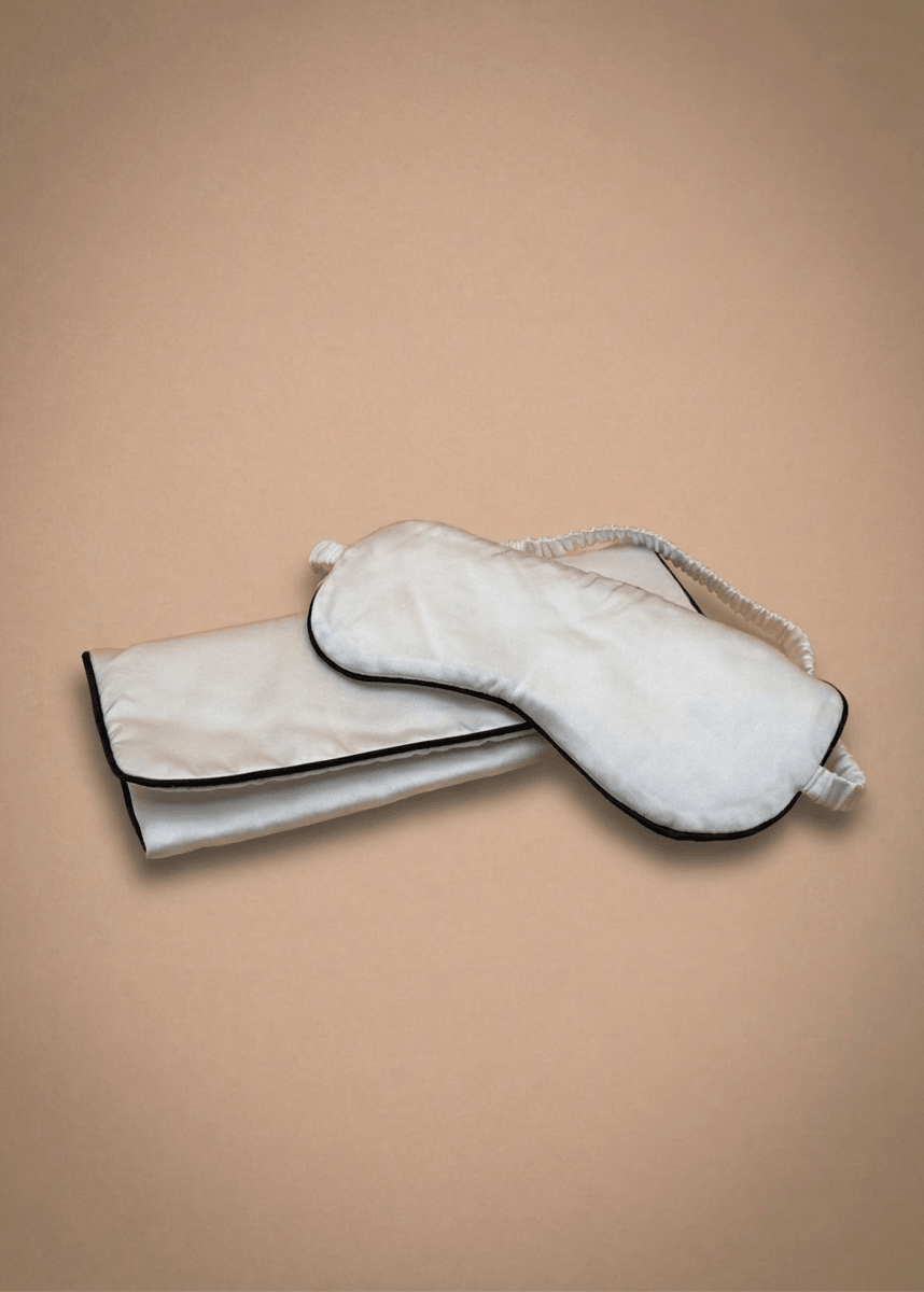 Pearl ivory silk sleep mask and matching cover by Miaveriana